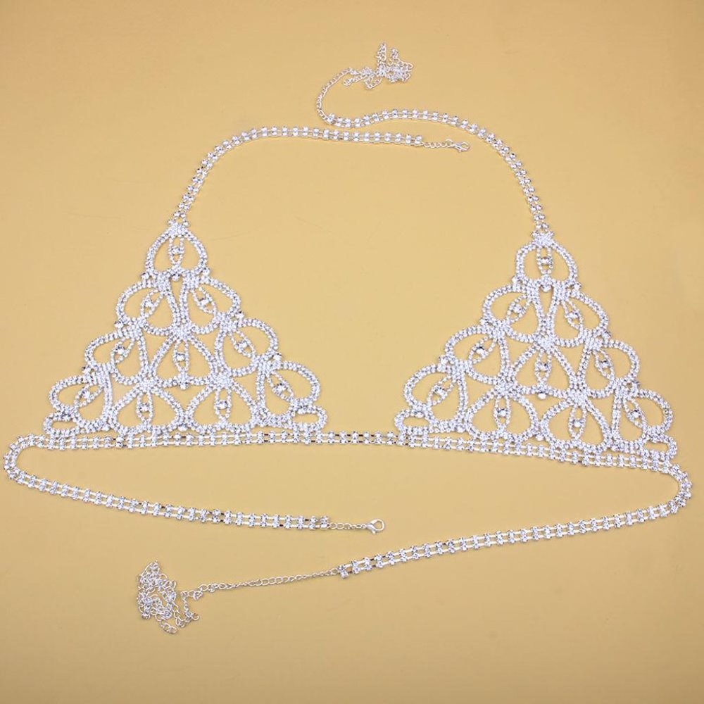 Chain Body Lingerie Set Heart Bling Crystal Bra Thong Jewelry Bikini Underwear - Picture 5 of 7